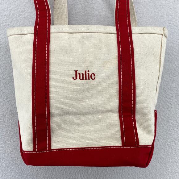 Vintage LL BEAN BOAT and TOTE Bag 10x13 "JULIE" Canvas Open Top Ivory Red USA - Picture 3 of 15